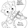 Valentines cat playing violin coloring page