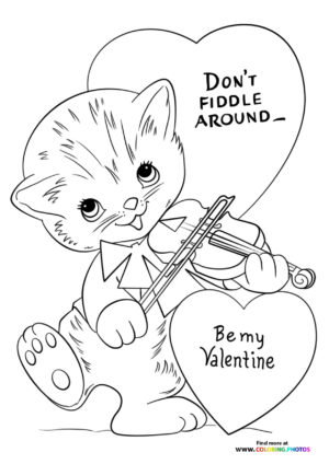 Valentines cat playing violin coloring page