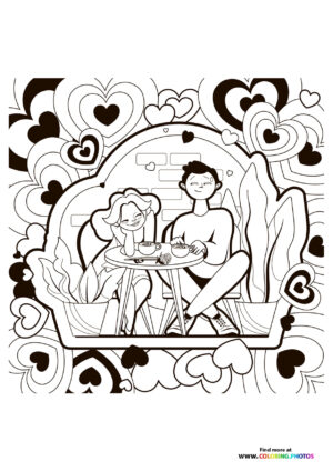 Valentines couple drinking cofee coloring page