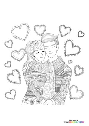 Valentines couple hugging coloring page
