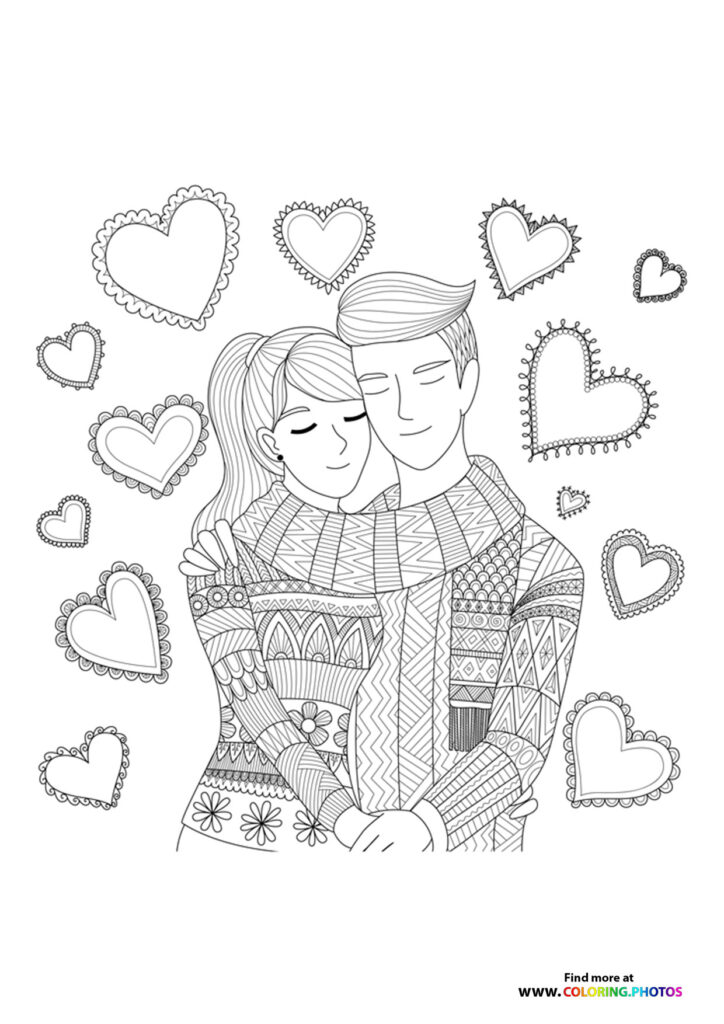 Couple embracing with decorative hearts and patterned clothing on Valentine's Day coloring page