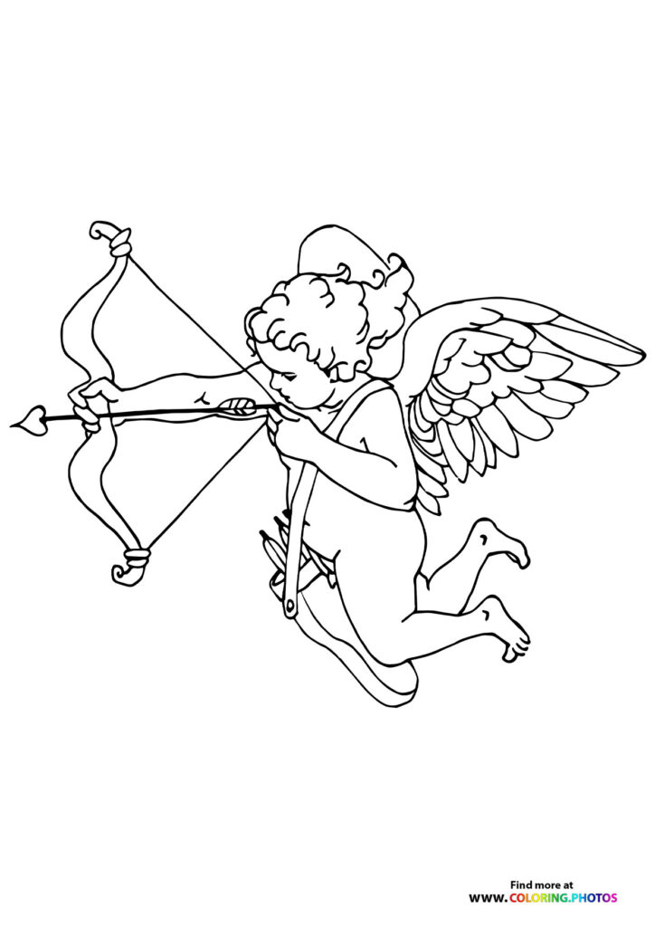 Cupid angel with curly hair holding a bow and arrow with heart-tipped arrow and feathered wings coloring page
