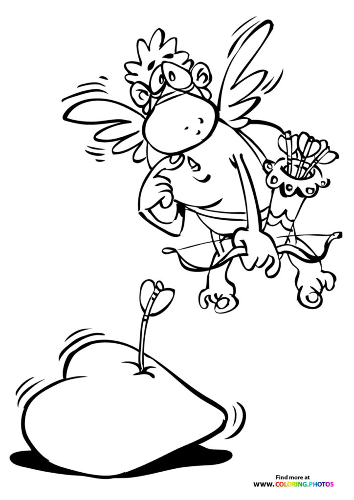 Cupid with curly hair, wings, arrow and flower bouquet hovering above a heart-shaped cloud Valentine's Day coloring page