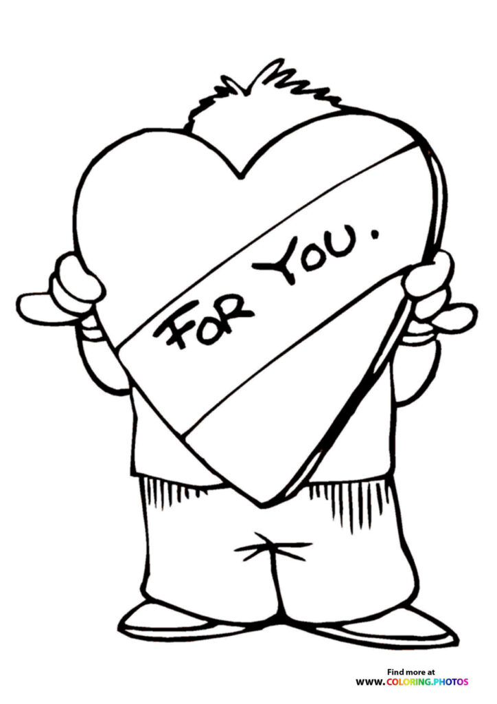Boy holding a large heart with FOR YOU message coloring page for Valentine's Day