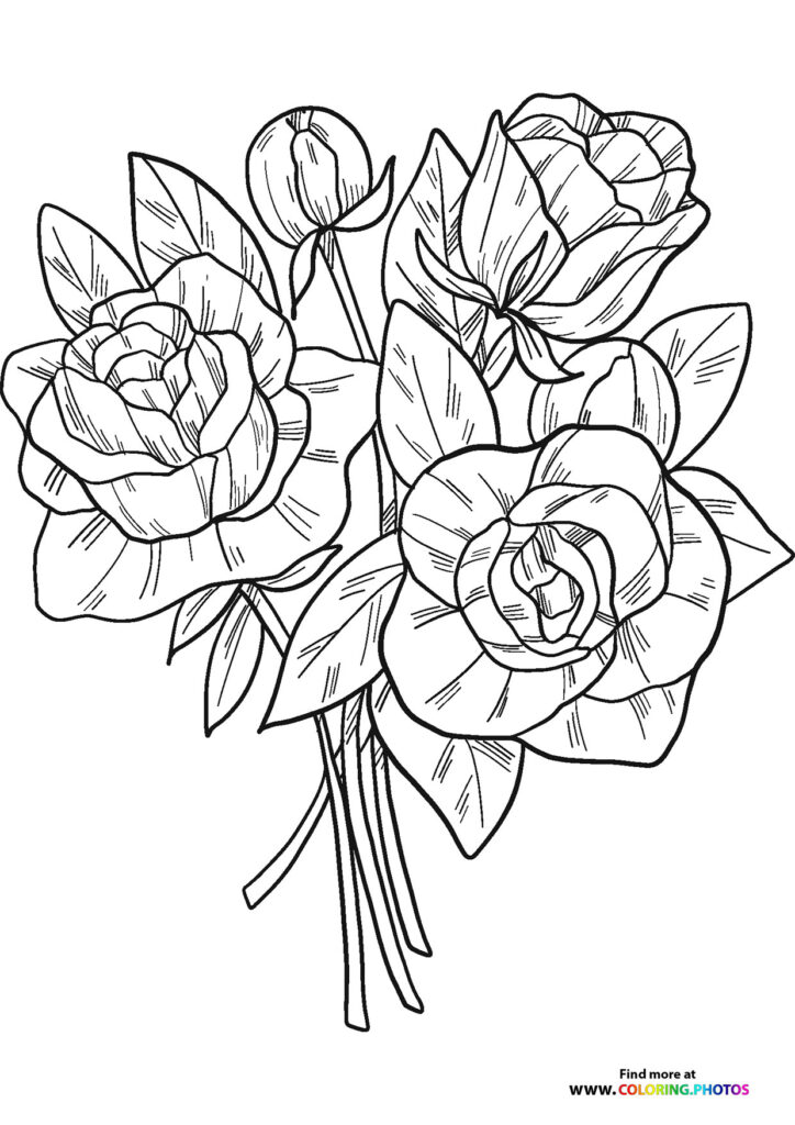 Bouquet of roses and tulips with ribbon bow tied around stems, Valentine's Day coloring page