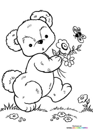 Valentines Teddy Bear with flowers coloring page