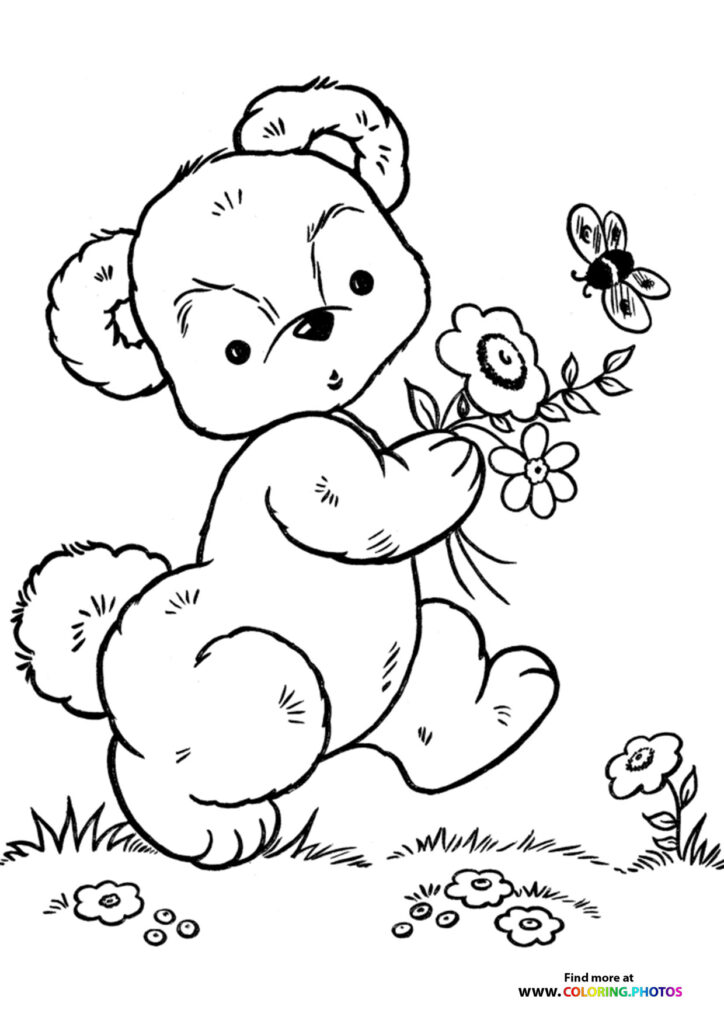 Valentines Teddy Bear with flowers - Coloring Pages for kids