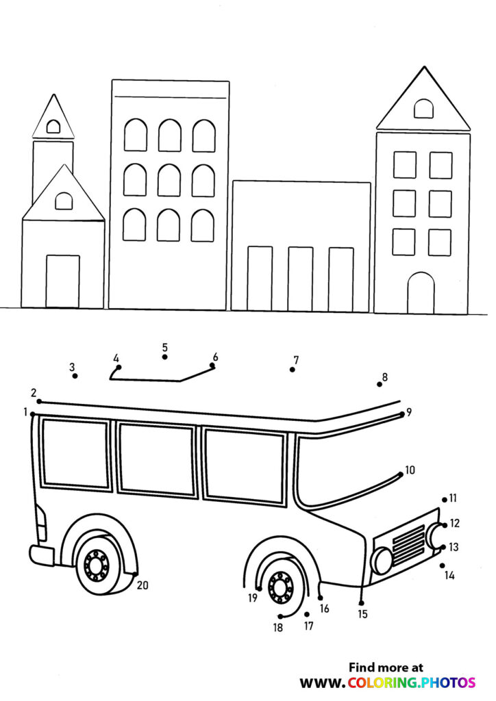Dot to dot bus and buildings coloring page with numbered dots 1 to 20 showing a bus and cityscape