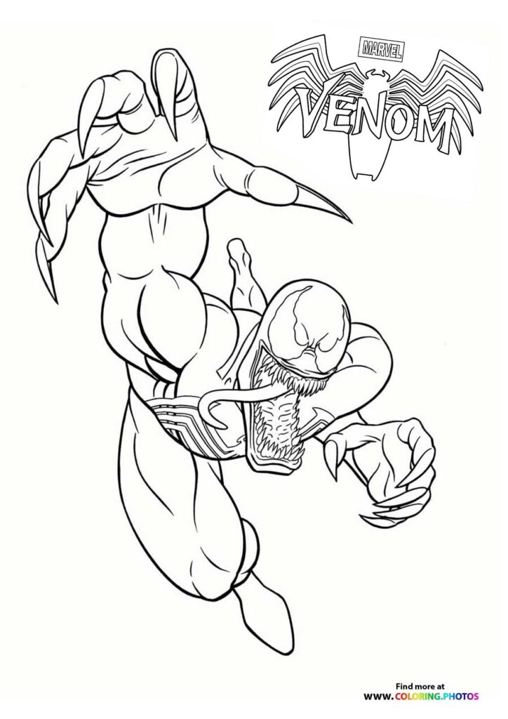 Venom with raised fists and muscular body in aggressive pose coloring page from Marvel