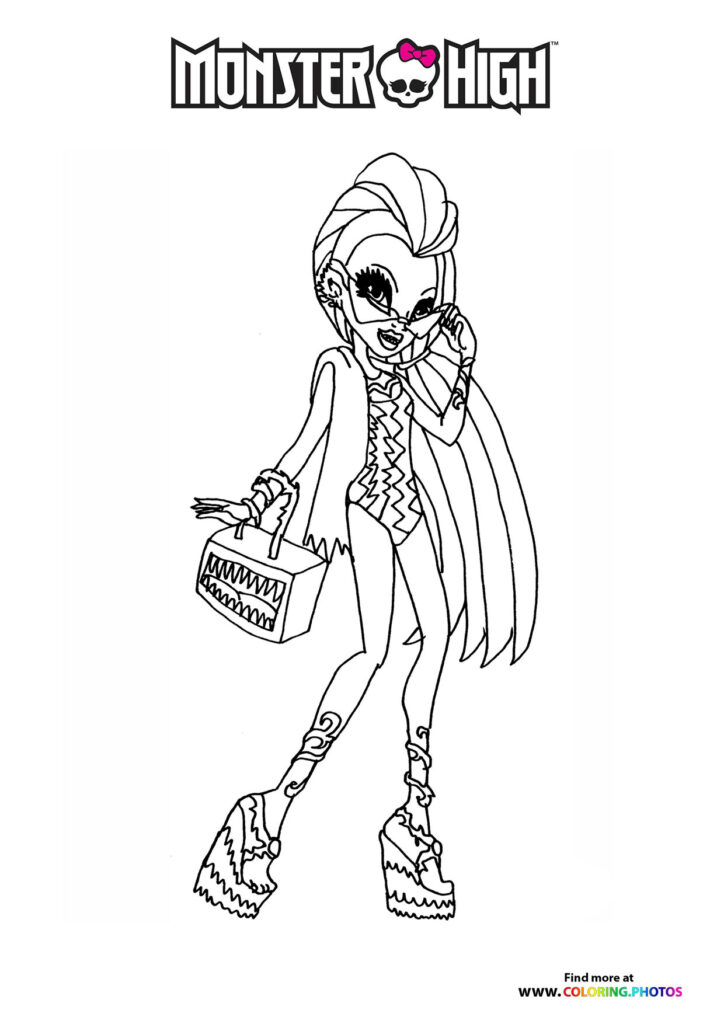 Draculaura from Monster High wearing a cape and lace corset with platform boots, holding a handbag coloring page