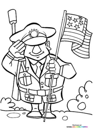 Veteran saluting with a flag coloring page