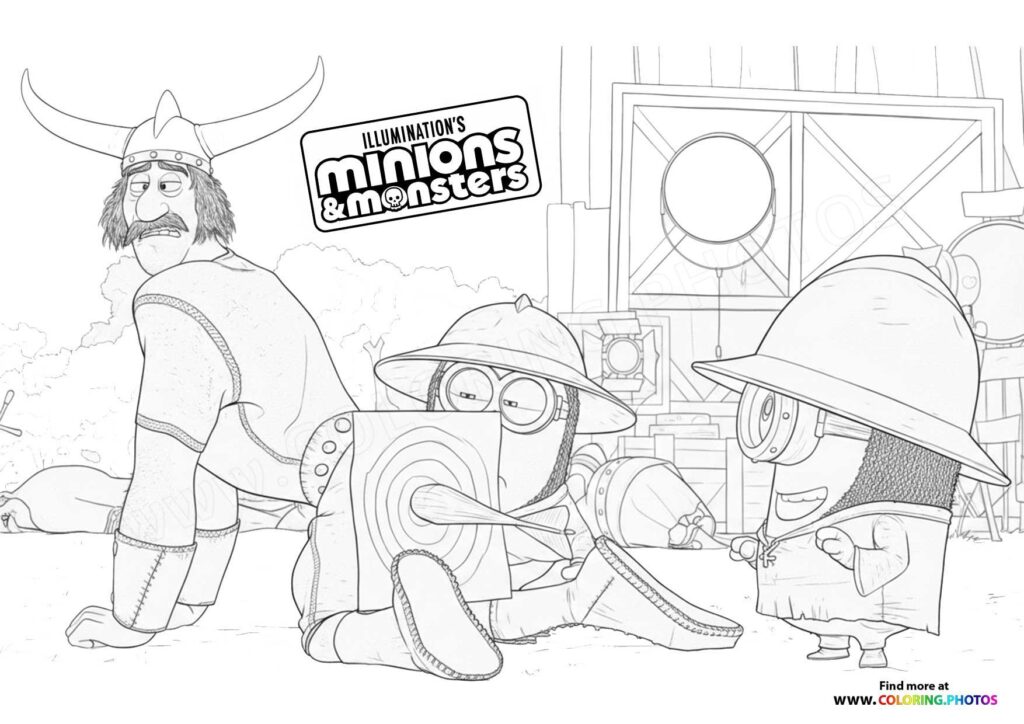 Minions with a Viking warrior and monsters in a village coloring page from Illumination's Minions & Monsters