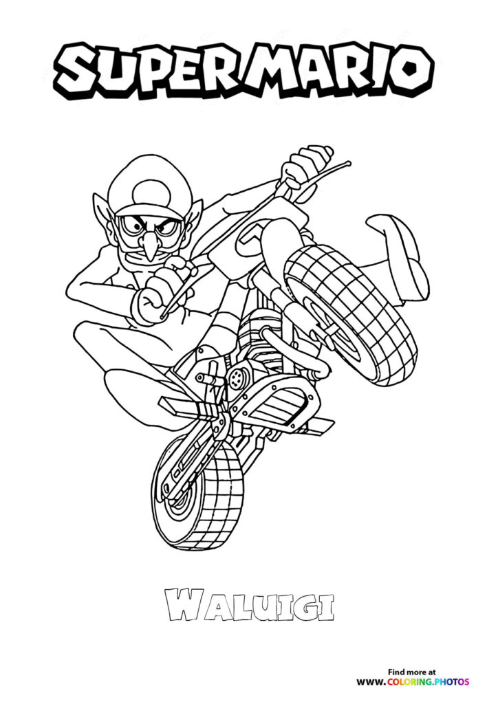 Waluigi doing a motorcycle stunt coloring page from Super Mario and Mario Kart