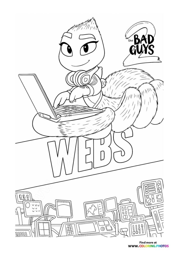 Webs the spider typing on a laptop with tech gadgets below, The Bad Guys 2 coloring page