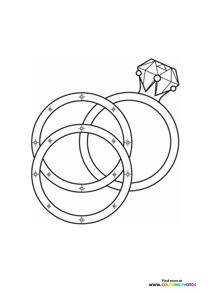Two interlocked wedding rings with star details and a diamond ring on top coloring page