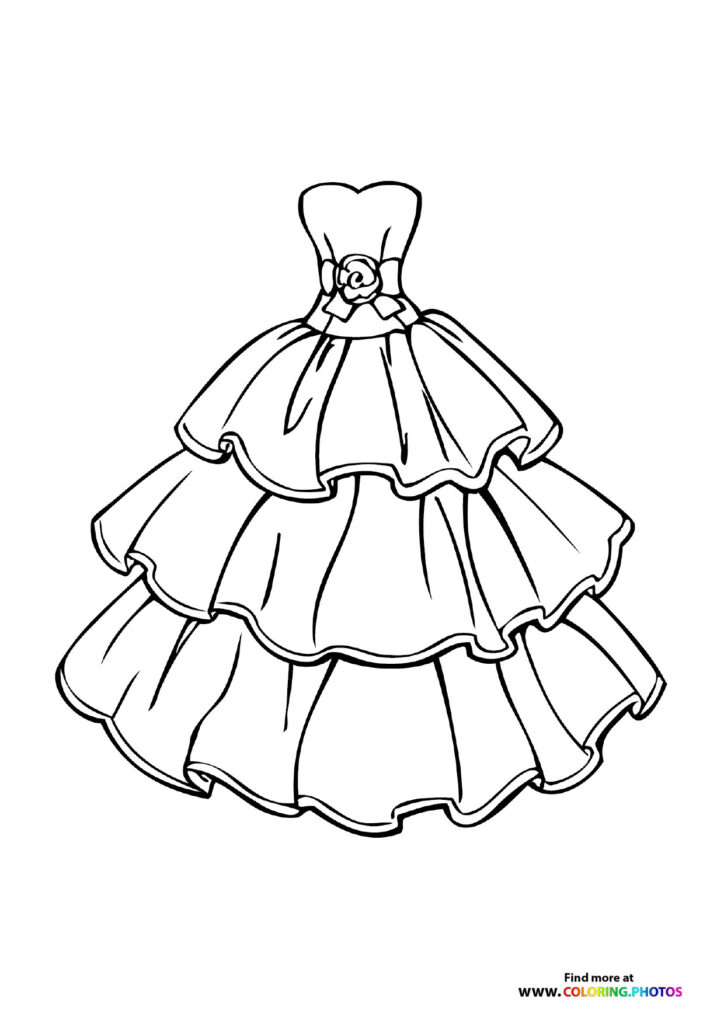 Three-tier wedding gown with sweetheart neckline and rose waist detail coloring page