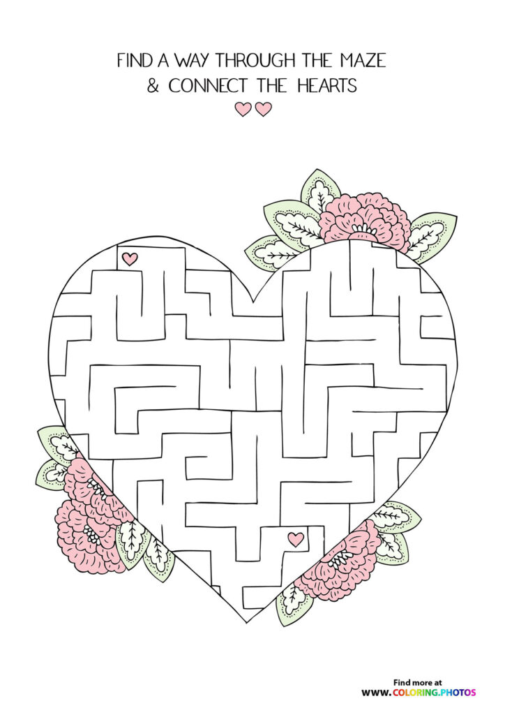 Heart-shaped maze with pink flowers and green leaves at corners, two small hearts to connect, wedding maze coloring page