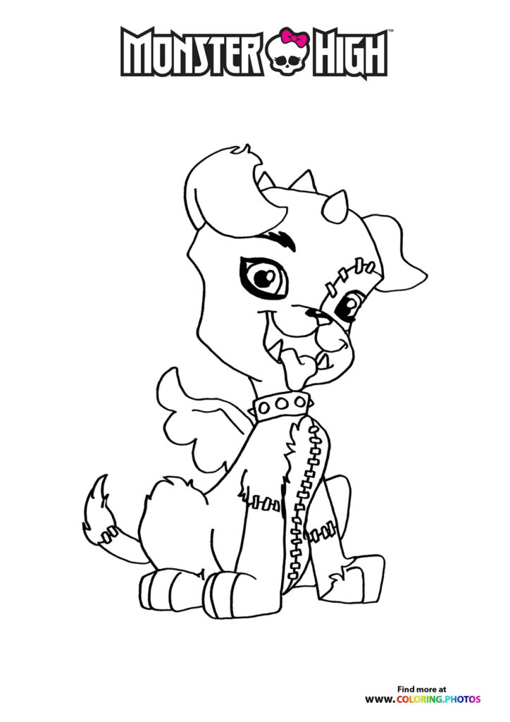 Frankie Stein's monster pet with stitched body, spiky ears, and expressive eyes coloring page