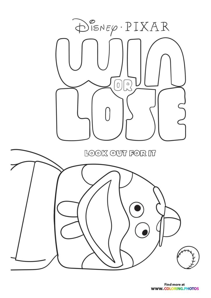 Win or Lose baseball character with glove and ball coloring page from Disney Pixar series