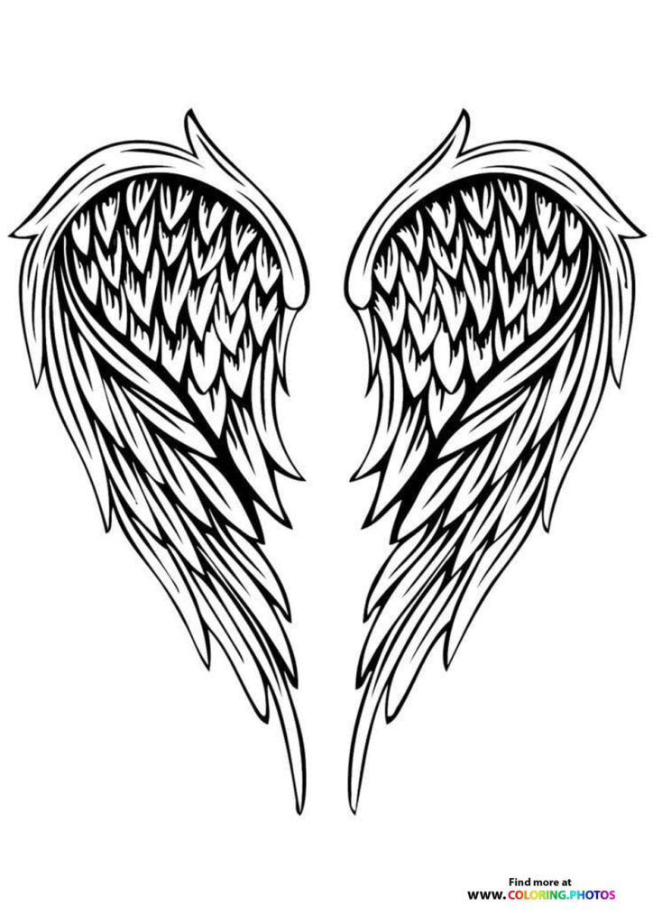 Pair of symmetrical angel wings with detailed feathers and scaled upper sections tattoo coloring page