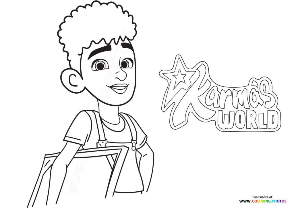 Karma smiling with curly hair, wearing t-shirt and overalls, from Karma's World coloring page