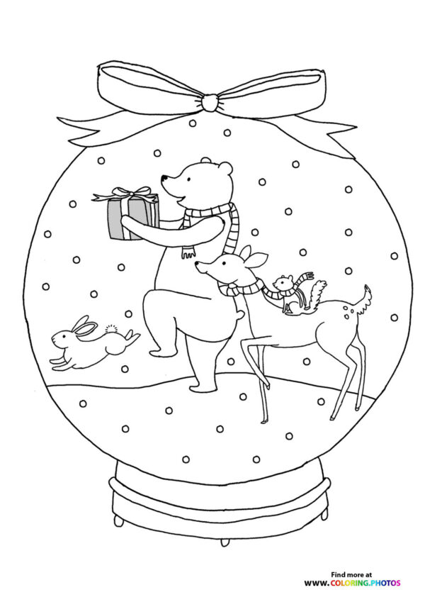 Winter animals in snow globe coloring page