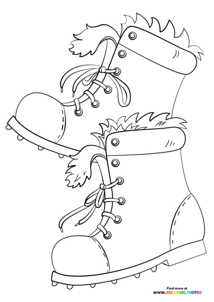 Pair of winter boots with fur trim and laced gloves coloring page