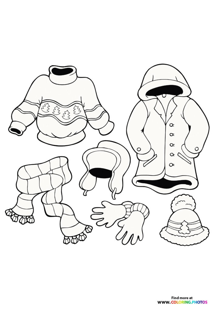 Winter clothing collection including sweater, jacket, scarf, mittens, gloves, and beanie coloring page