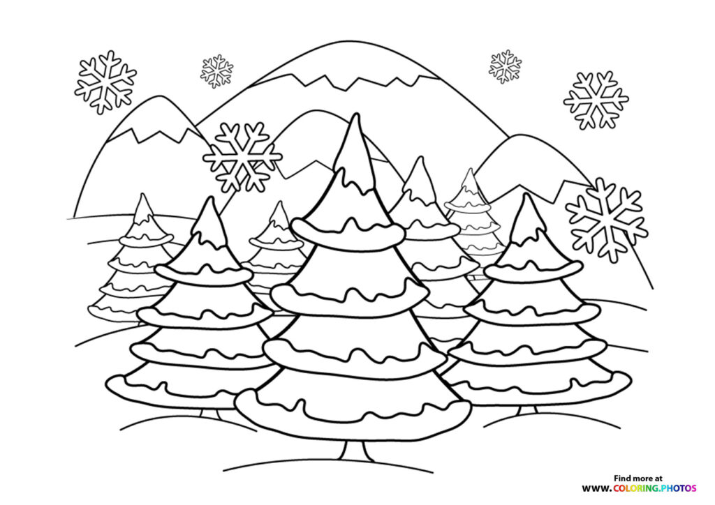 Winter forest with snow-covered pine trees and snowy mountains, falling snowflakes coloring page