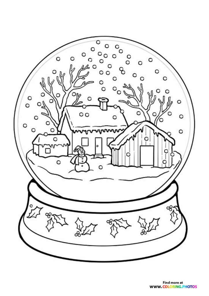 Winter village snow globe with cottages, snowman, bare trees and falling snow inside glass dome coloring page