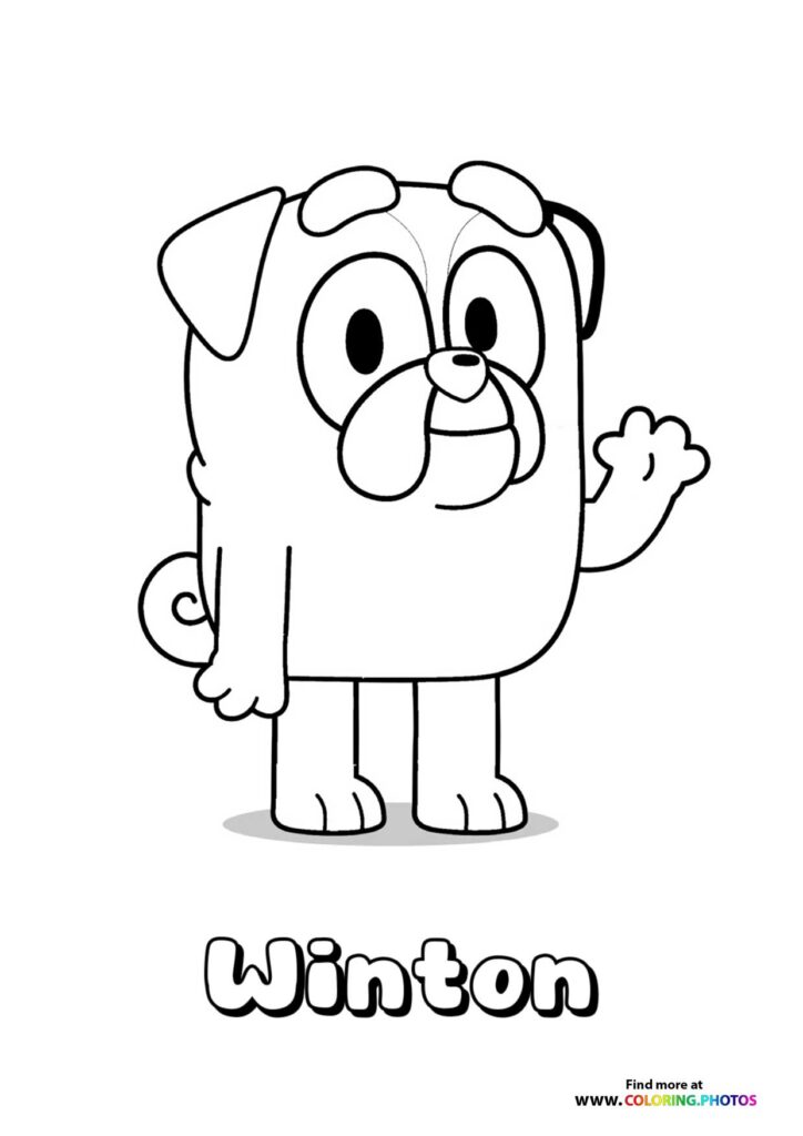 Winton the pug from Bluey waving and smiling, coloring page