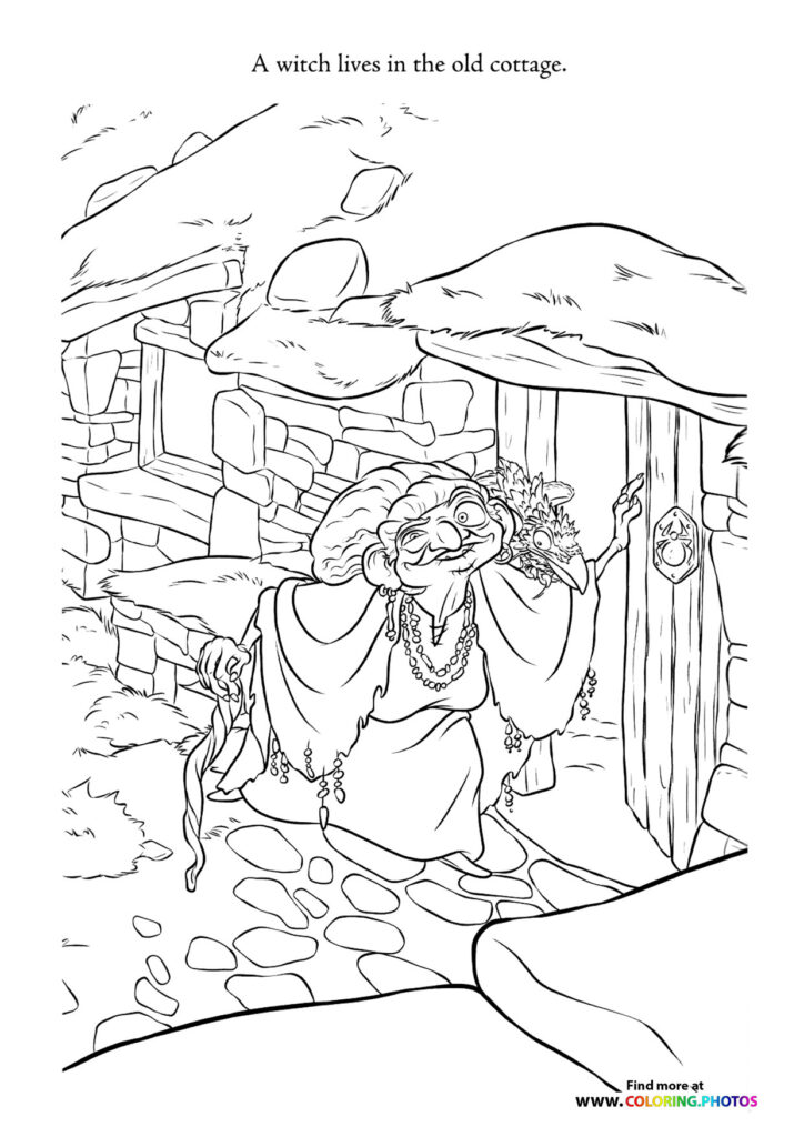The witch from Brave standing outside her old cottage surrounded by magical objects and hanging charms coloring page