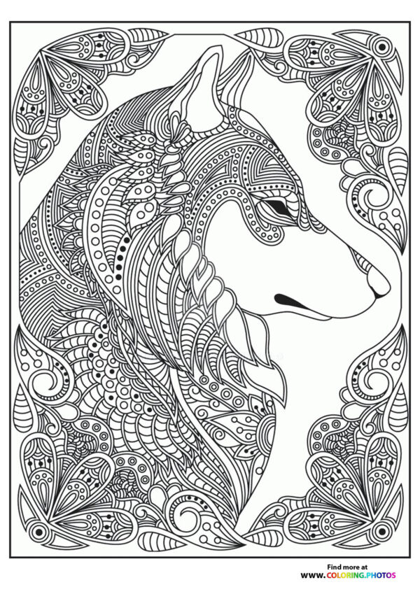 Wolf in flowers coloring page for adults
