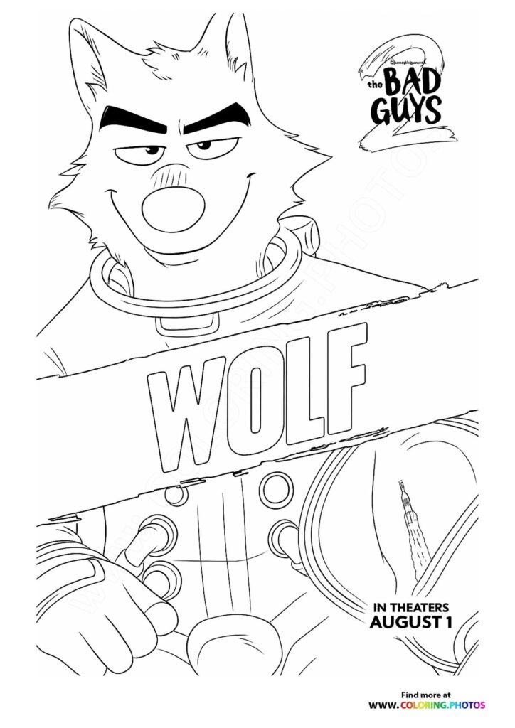 Wolf from The Bad Guys 2 with angry expression, sharp ears, and holding a weapon, movie poster coloring page