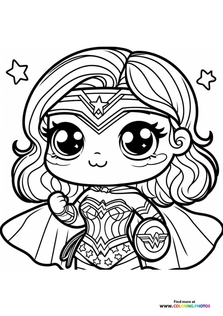 Chibi Wonder Woman with tiara, flowing hair, star-decorated breastplate and cape coloring page