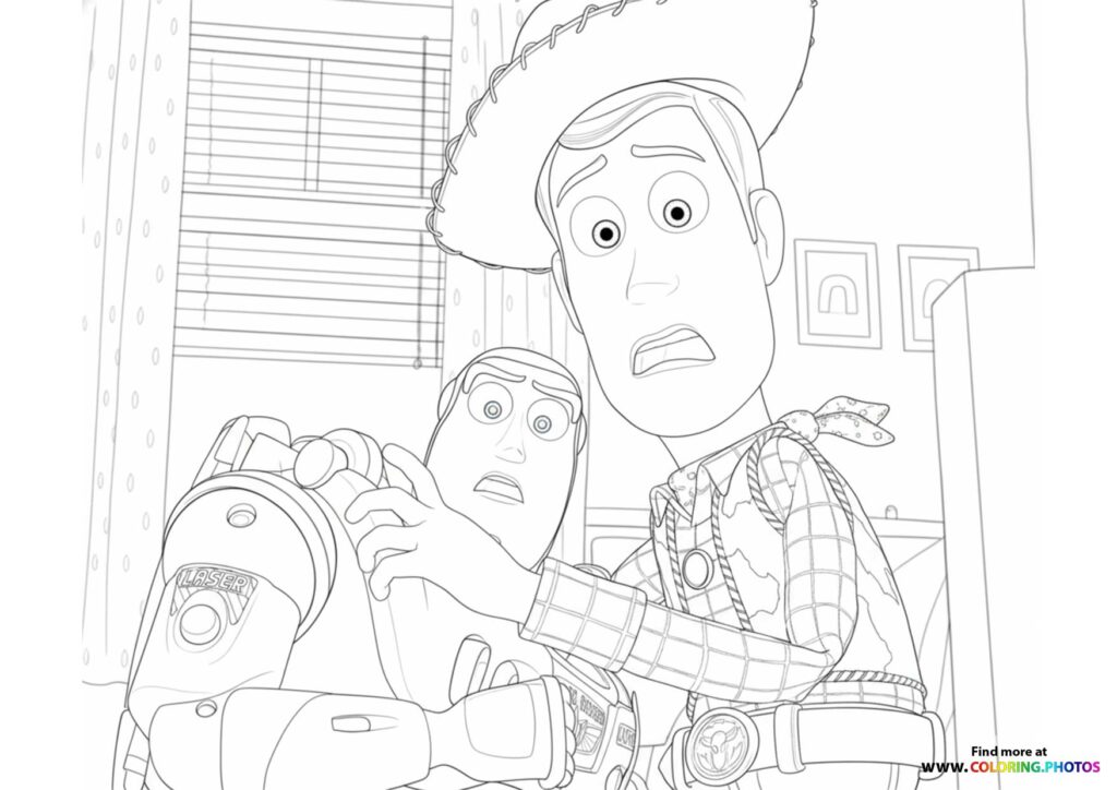 Woody holding Forky with concerned expressions in Andy's room, Toy Story 5 coloring page