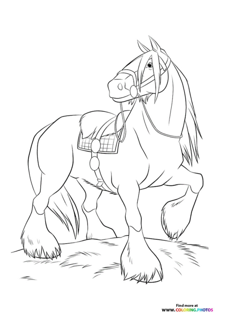 A saddled horse with bridle and decorative blanket standing in profile coloring page
