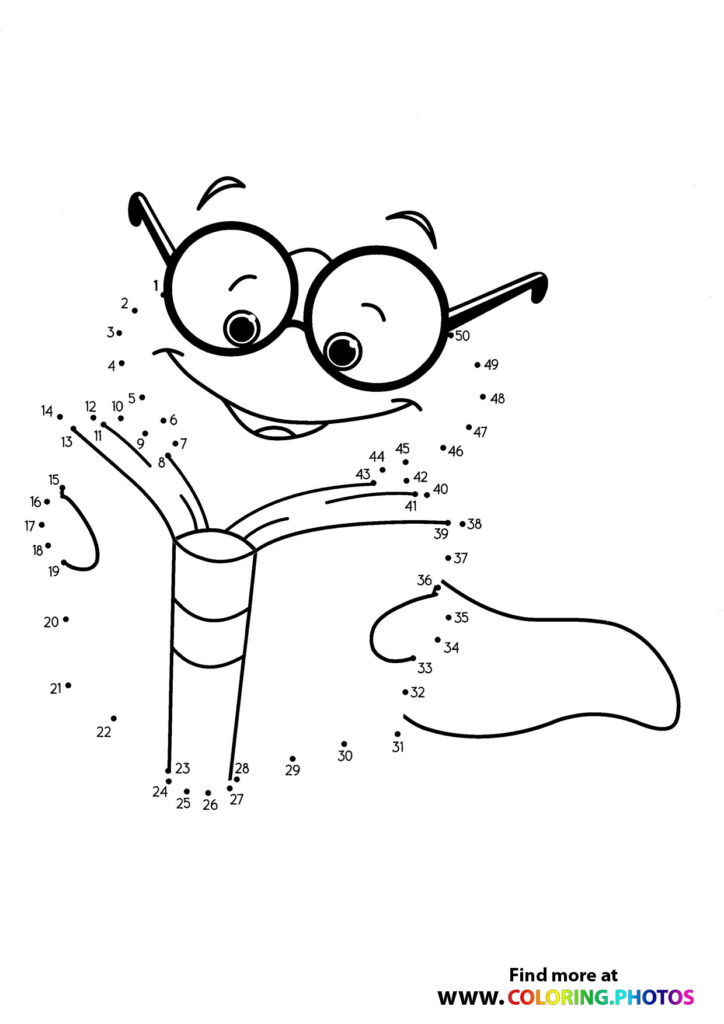 Funny face flower with big googly eyes and silly grin dot to dot coloring page, 1 to 50 dots