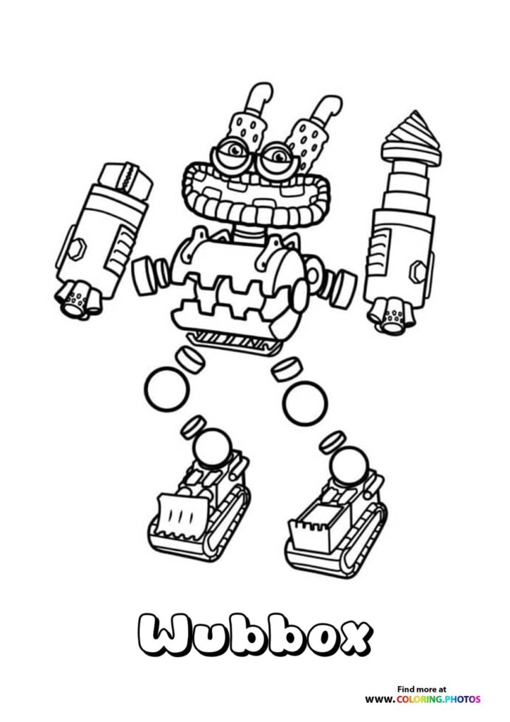 Wubbox from My Singing Monsters with mechanical arms and spheres coloring page