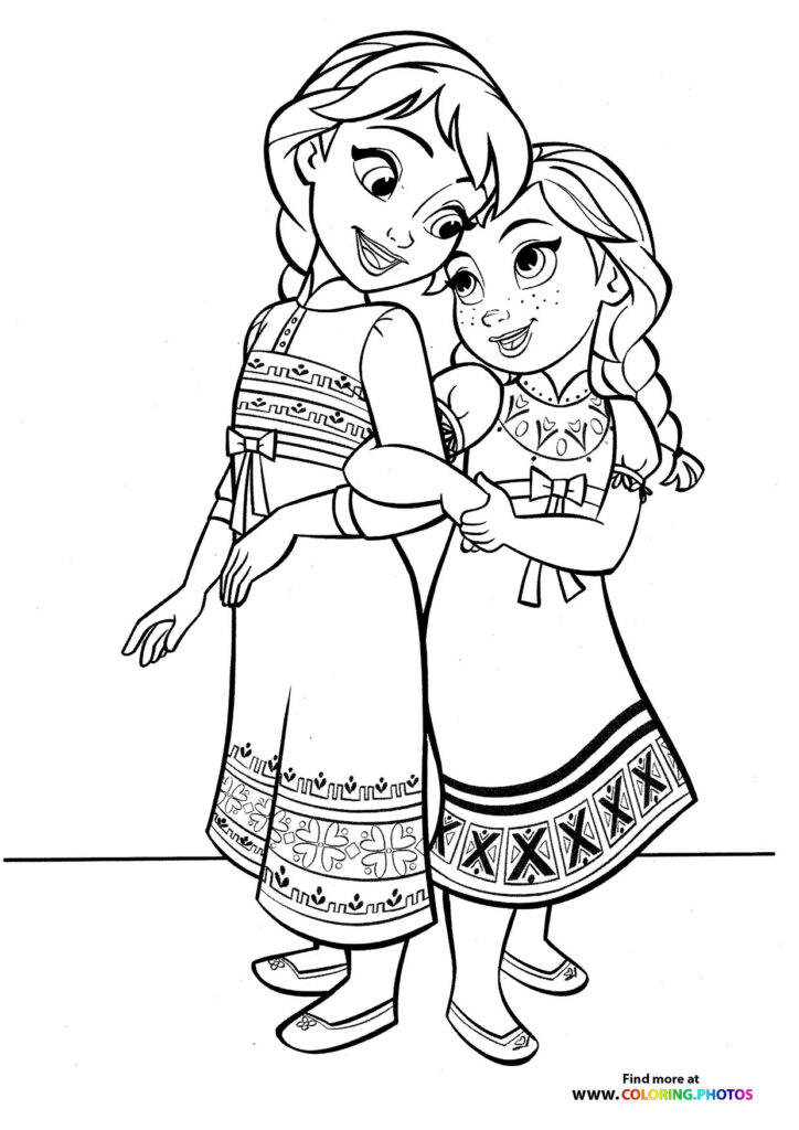 Elsa and Anna hugging in traditional Arendelle dresses with Nordic patterns, from Frozen 2 coloring page