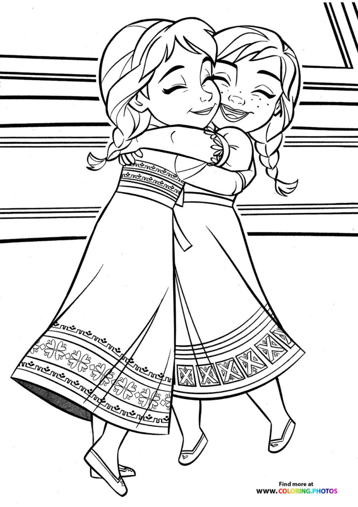 Elsa and Anna hugging and smiling together in their Frozen 2 dresses coloring page