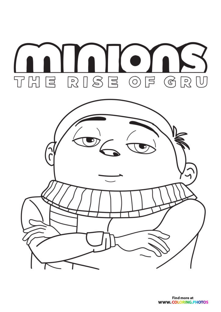 Gru with crossed arms wearing turtleneck and movie title from Minions The Rise of Gru coloring page