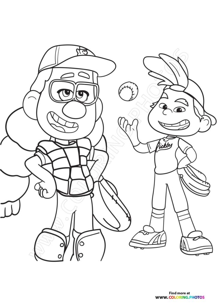 Two cartoon baseball players, one wearing catcher's gear and glasses, the other catching a baseball, from Win or Lose coloring page