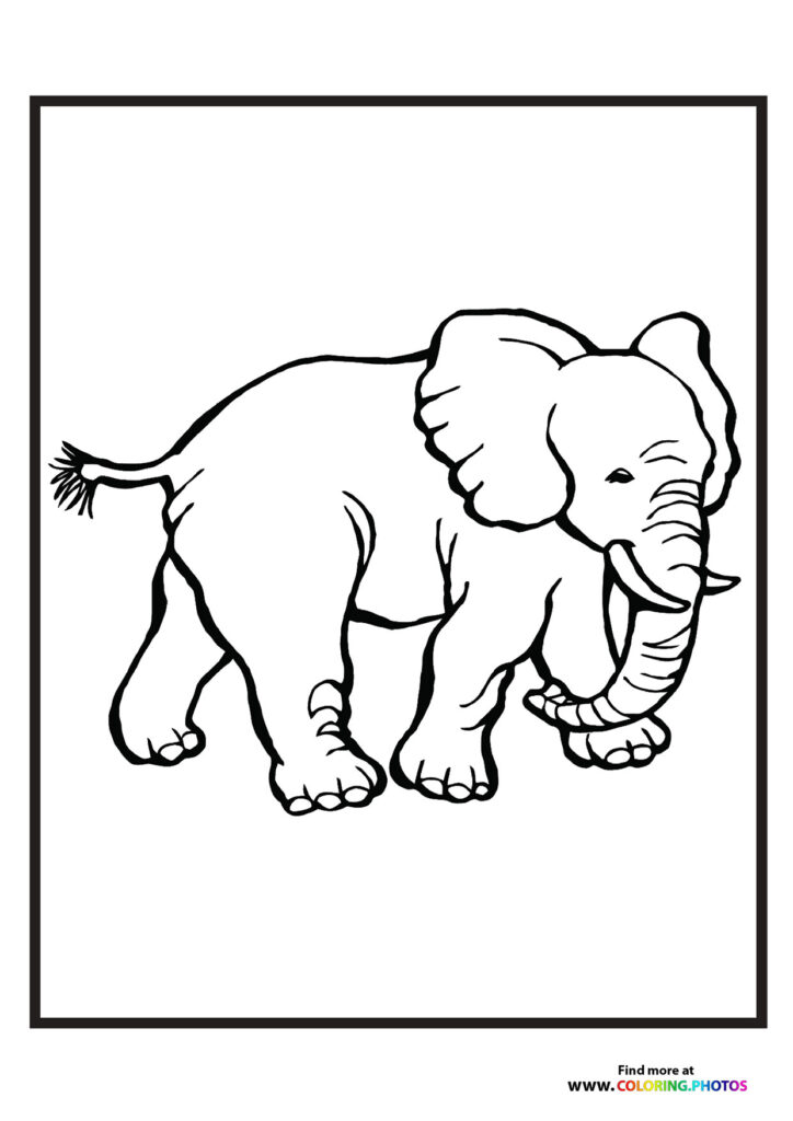 Young elephant with raised trunk and swishing tail coloring page