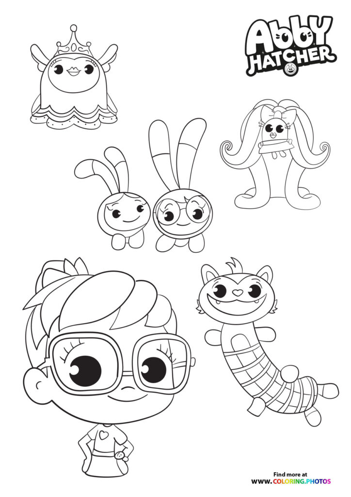 Abby Hatcher and her puppet friends including crowned creature, bunnies, and caterpillar character coloring page