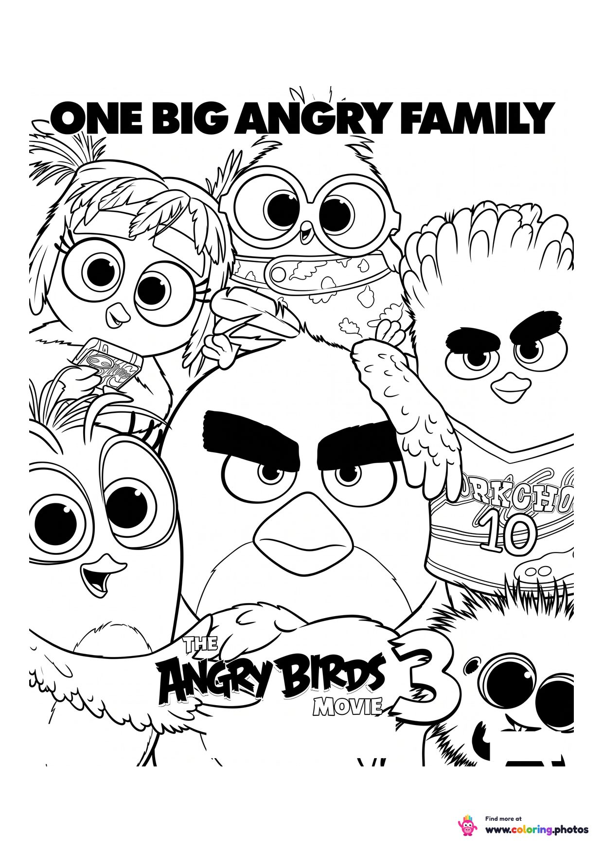 Angry Birds Movie 3 poster coloring page with Red and the whole flock crowded together