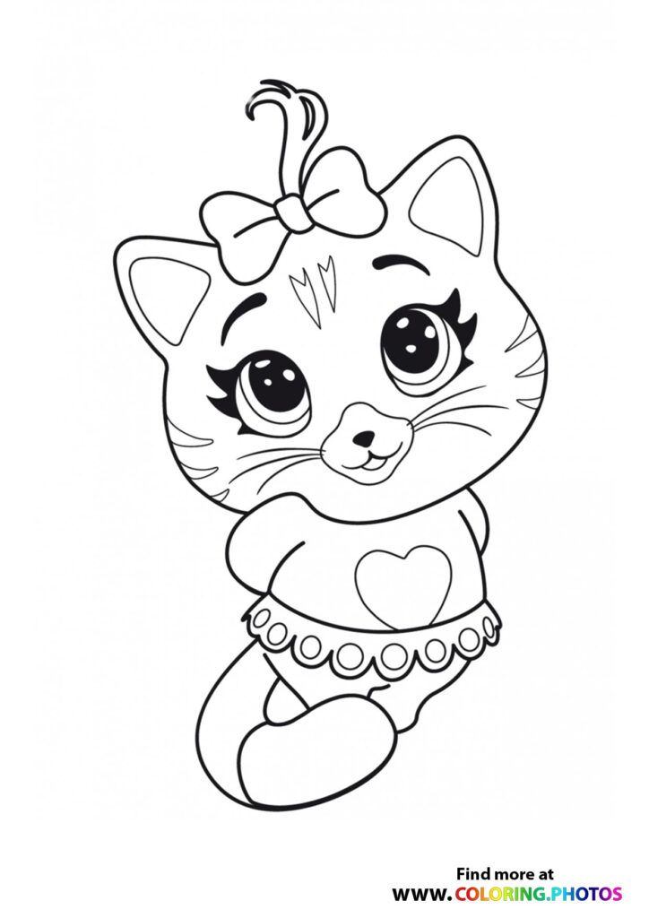 Cute kitten with large eyes, bow on head, and heart collar coloring page