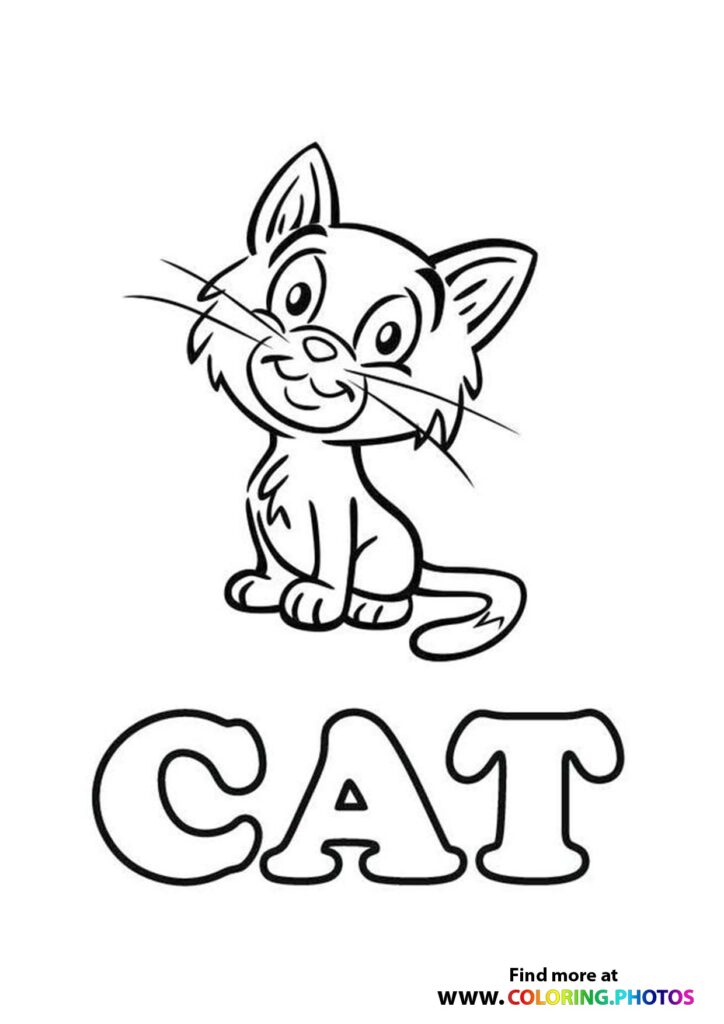 Cute smiling kitten with big eyes, perky ears, and fluffy fur with CAT text below coloring page