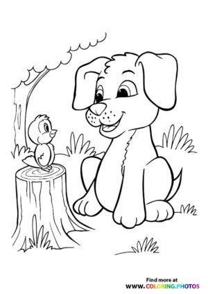Dog with bird coloring page