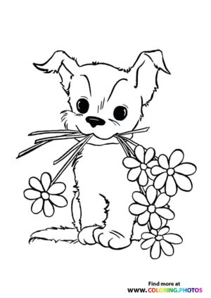 Dog with flowers coloring page
